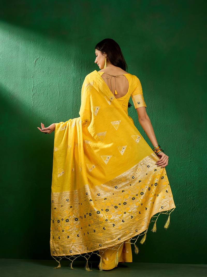 yellow Dola Jacquard Cotton saree with Woven Design