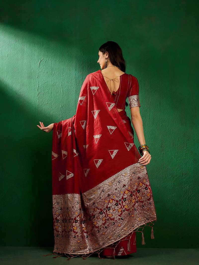 red Dola Jacquard Cotton saree with Woven Design