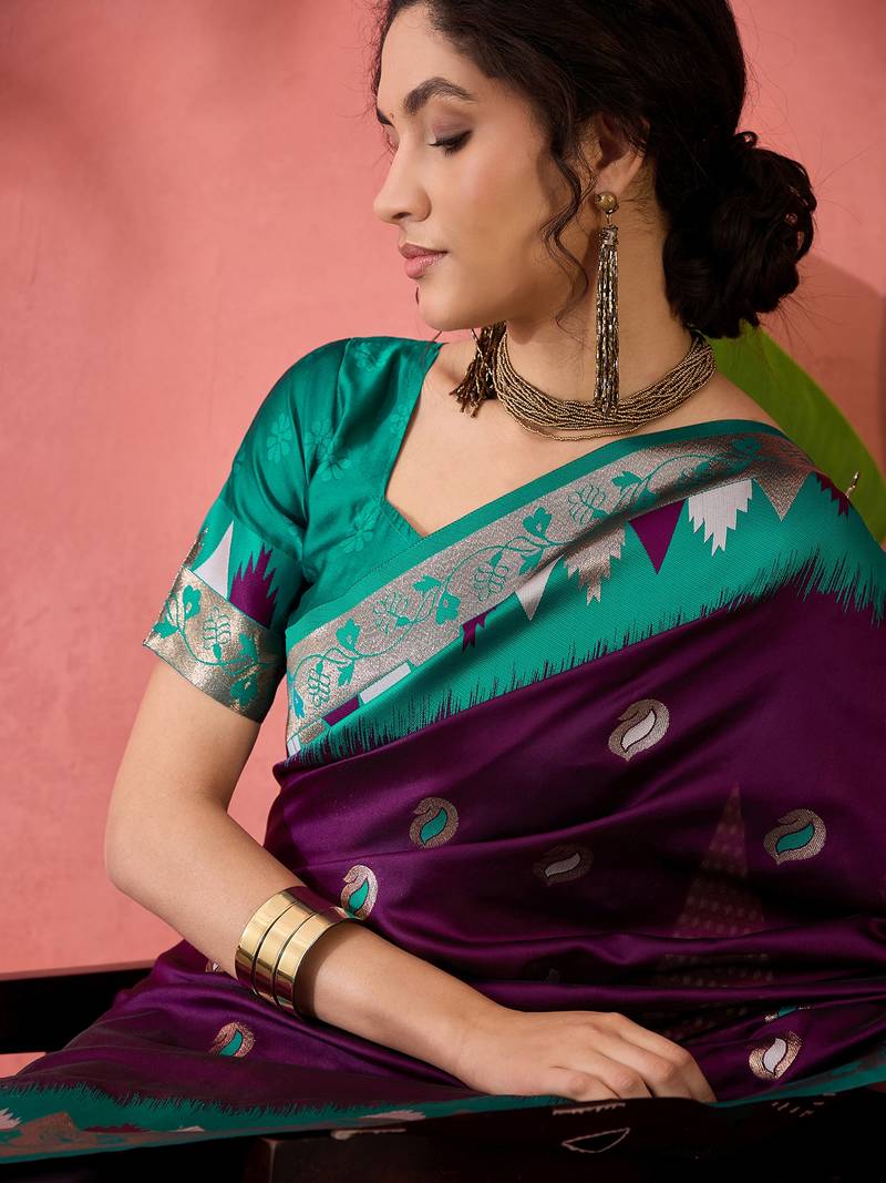 wine Poly Cotton Jacquard Saree