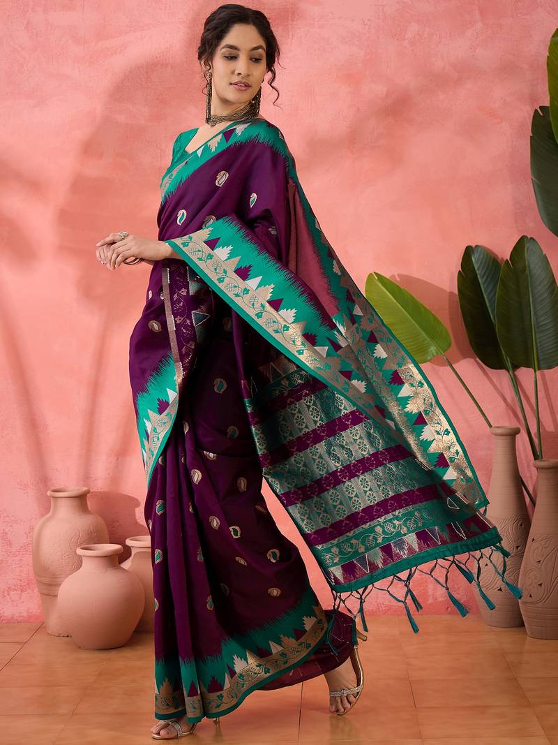 wine Poly Cotton Jacquard Saree