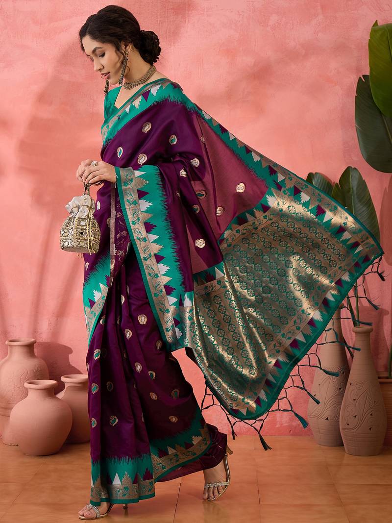 wine Poly Cotton Jacquard Saree