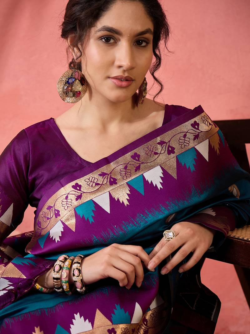 teal Poly Cotton Jacquard Saree