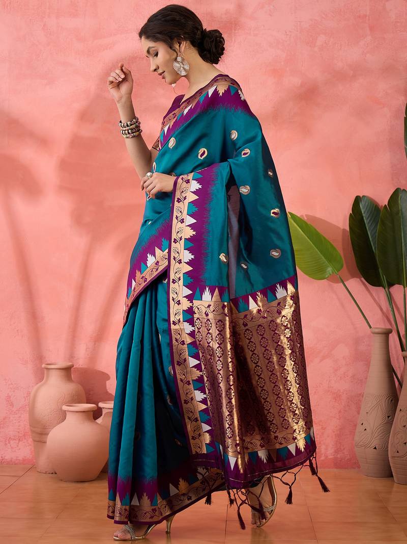 teal Poly Cotton Jacquard Saree