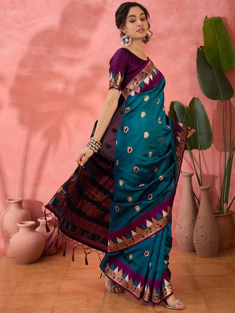 teal Poly Cotton Jacquard Saree