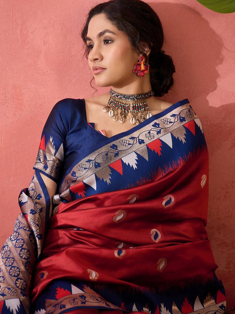 red Poly Cotton Jacquard Saree