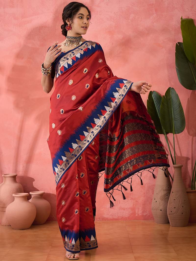 red Poly Cotton Jacquard Saree