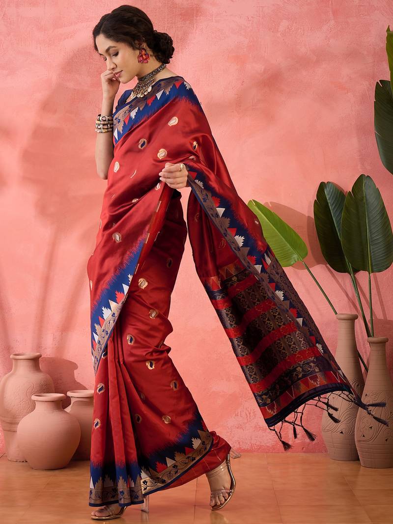 red Poly Cotton Jacquard Saree