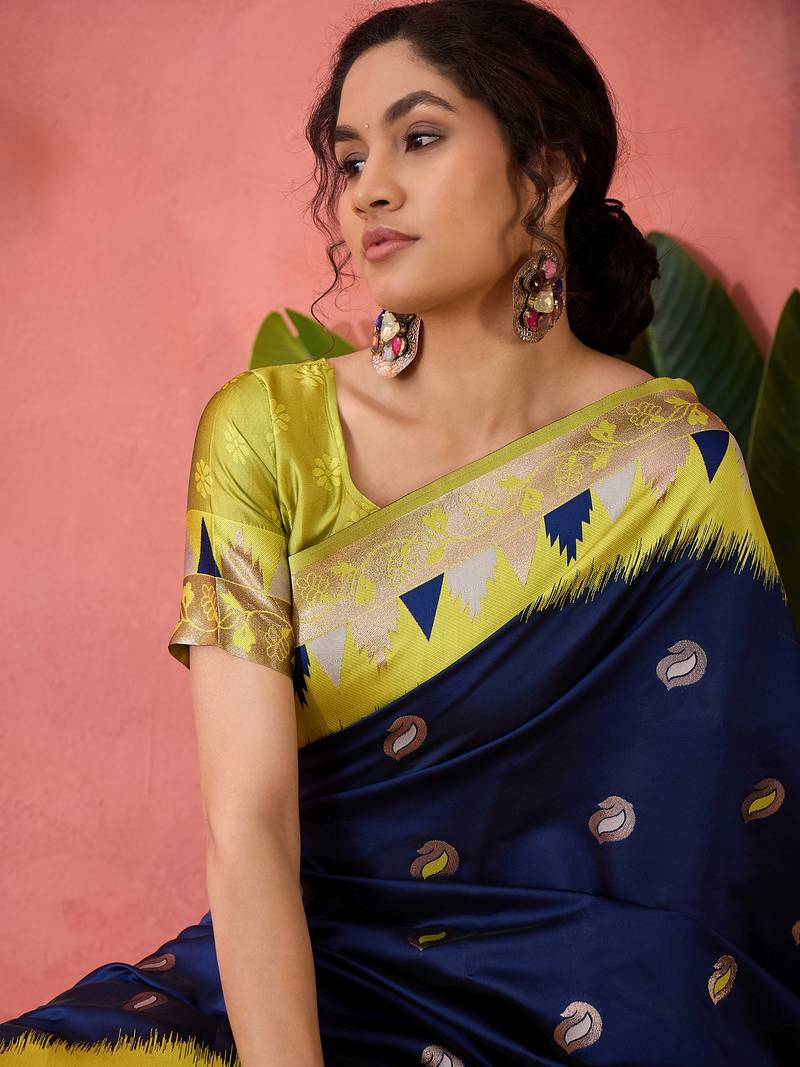 blue Poly Cotton Jacquard Saree