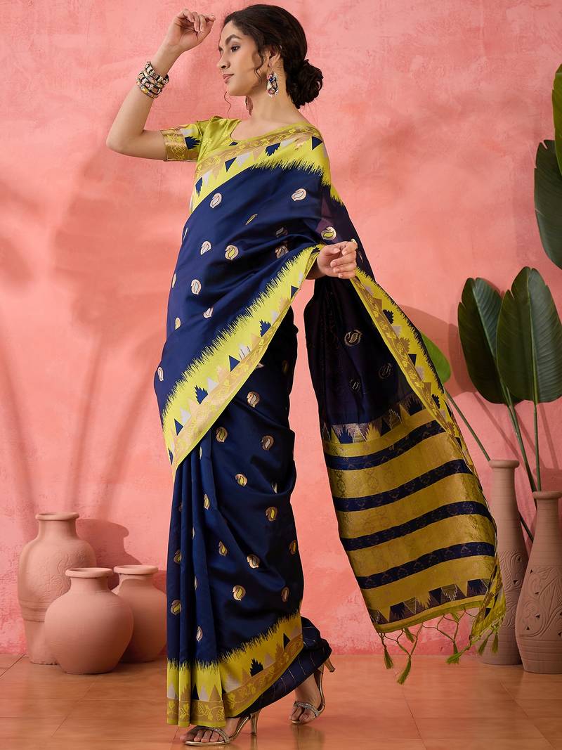blue Poly Cotton Jacquard Saree