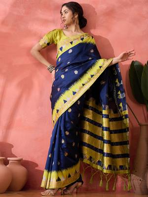 blue Poly Cotton Jacquard Saree 4