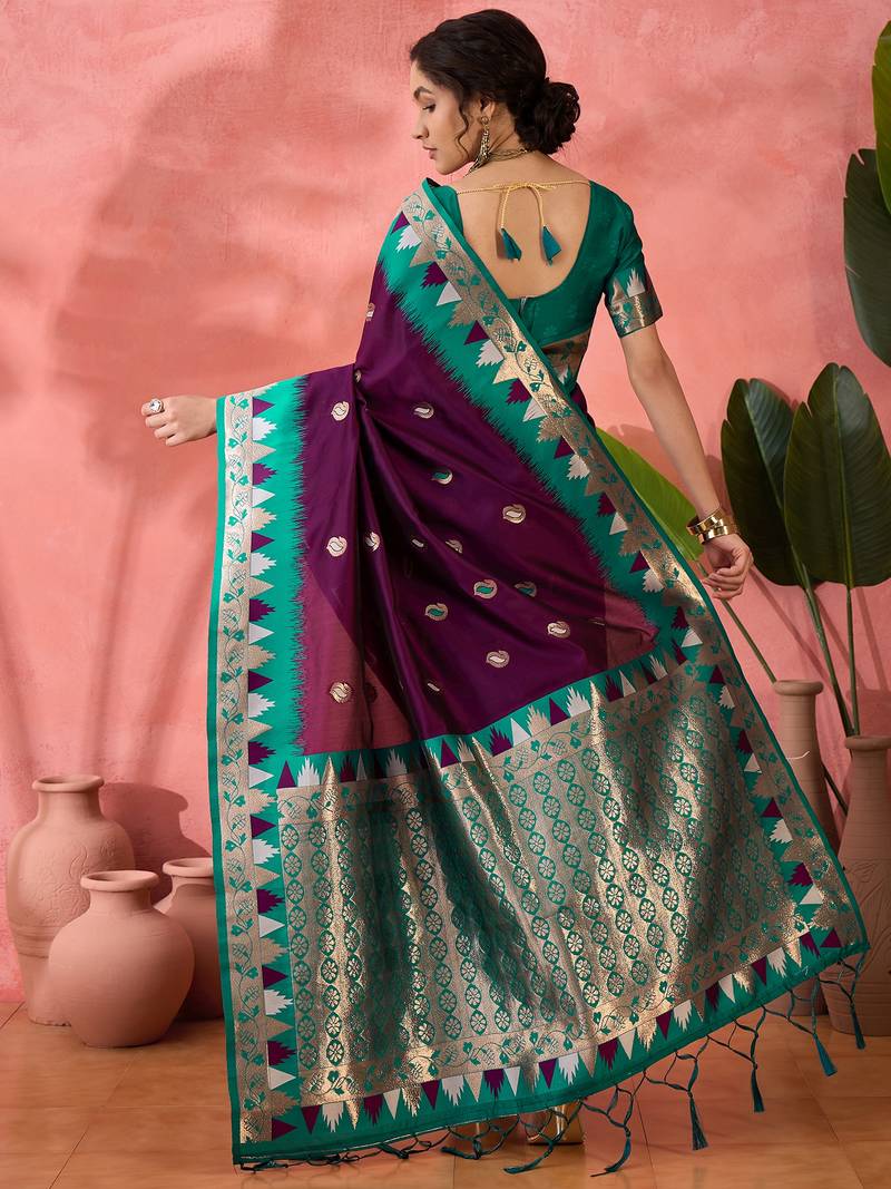 wine Poly Cotton Jacquard Saree