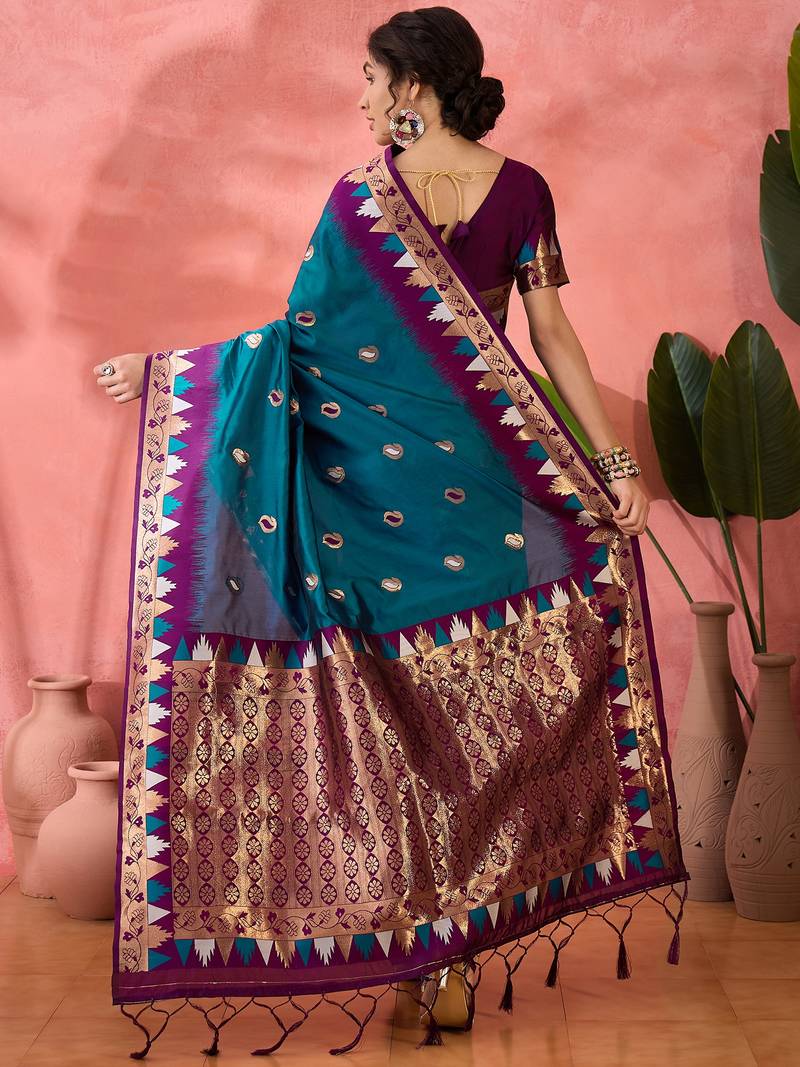 teal Poly Cotton Jacquard Saree