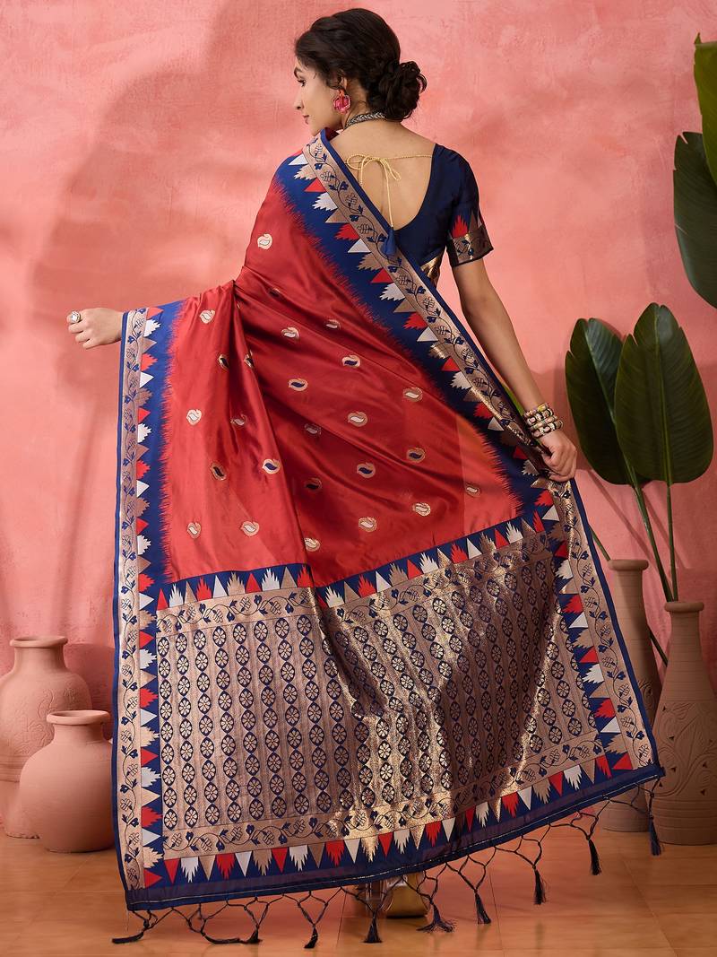 red Poly Cotton Jacquard Saree