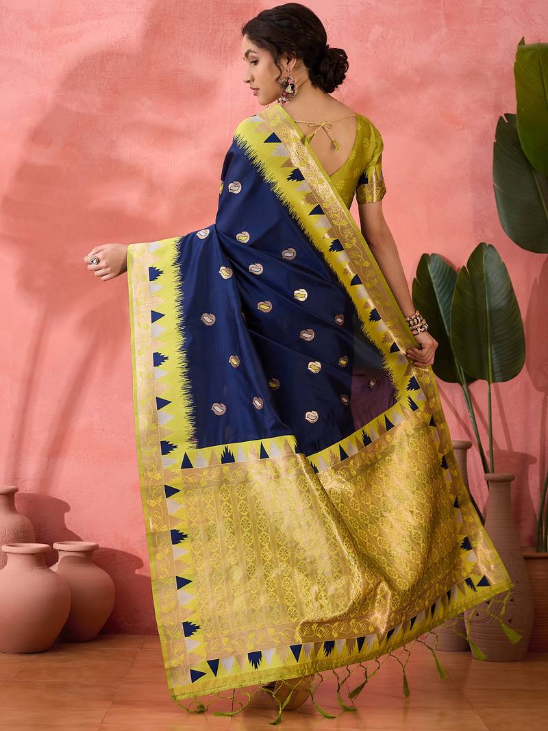 blue Poly Cotton Jacquard Saree
