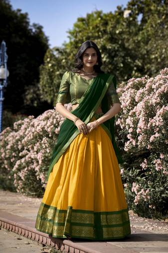 Yellow Poly Cotton South Indian Style Lehenga Choli Set