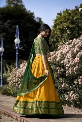 Yellow Poly Cotton South Indian Style Lehenga Choli Set 4
