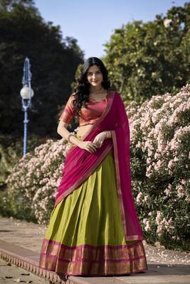 Mehendi Poly Cotton South Indian Style Lehenga Choli Set 1