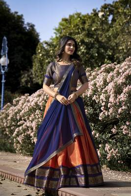 Orange Poly Cotton South Indian Style Lehenga Choli Set 1