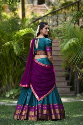 turquoise poly cotton half saree lehenga set 3