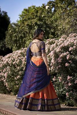 Orange Poly Cotton South Indian Style Lehenga Choli Set 3