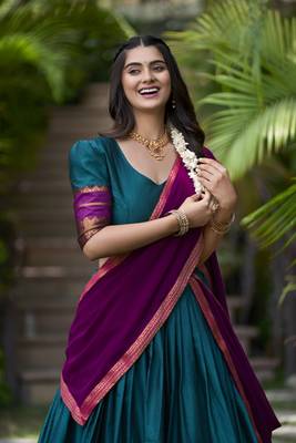 turquoise poly cotton half saree lehenga set 4