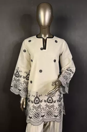 Off white kora cotton embroidered kurta set