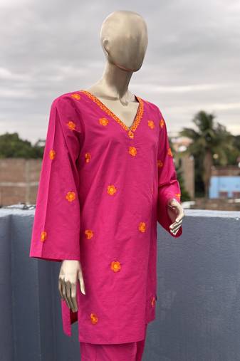 Hot pink embroidered kurta set