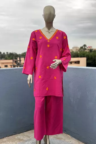 Hot pink embroidered kurta set