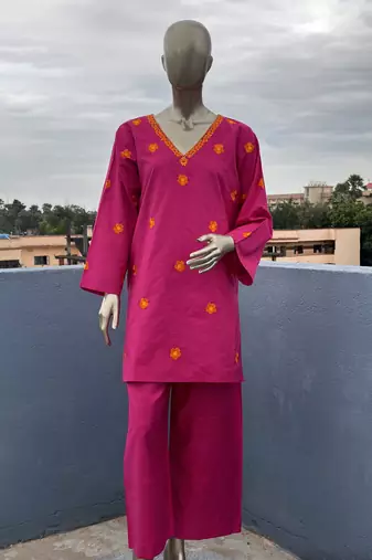 Hot pink embroidered kurta set