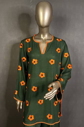 Dark green embroidered kurta set