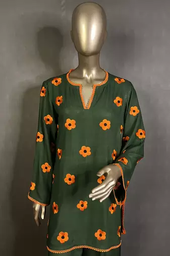 Dark green embroidered kurta set
