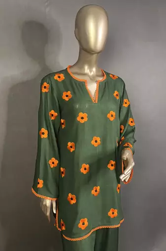 Dark green embroidered kurta set