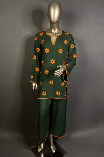 Dark green embroidered kurta set