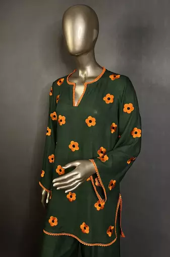 Dark green embroidered kurta set