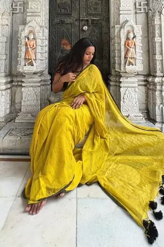 Lime Yellow  Handloom  Cotton Saree