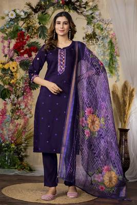 Purple colour embroidered work roman silk Kurta set for women 1