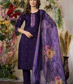 Purple colour embroidered work roman silk Kurta set for women