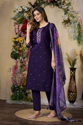 Purple colour embroidered work roman silk Kurta set for women 2