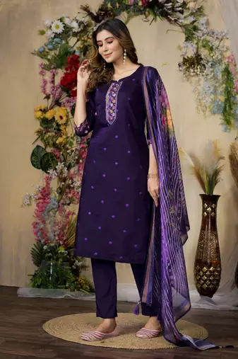 Purple colour embroidered work roman silk Kurta set for women