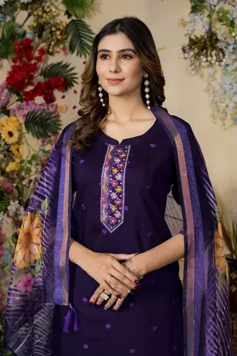 Purple colour embroidered work roman silk Kurta set for women