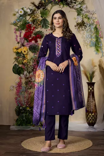 Purple colour embroidered work roman silk Kurta set for women
