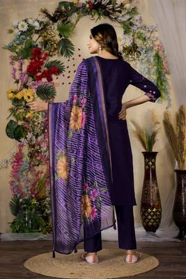 Purple colour embroidered work roman silk Kurta set for women 5