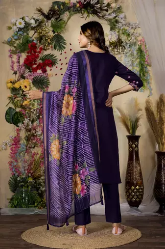 Purple colour embroidered work roman silk Kurta set for women