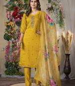 Mustard colour embroidered work roman silk Kurta set for women