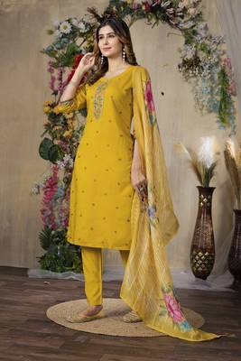 Mustard colour embroidered work roman silk Kurta set for women 2