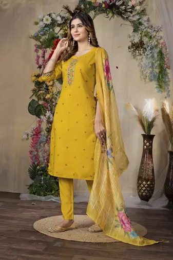 Mustard colour embroidered work roman silk Kurta set for women