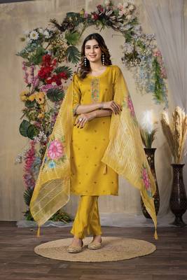 Mustard colour embroidered work roman silk Kurta set for women 3