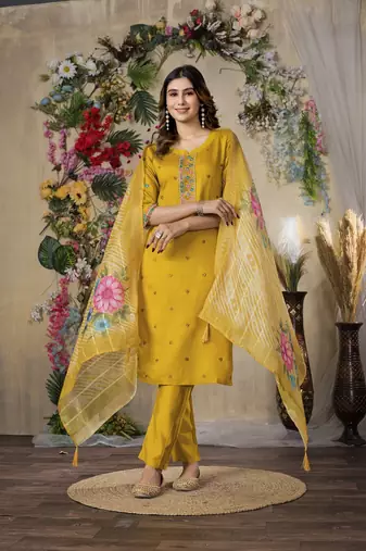 Mustard colour embroidered work roman silk Kurta set for women