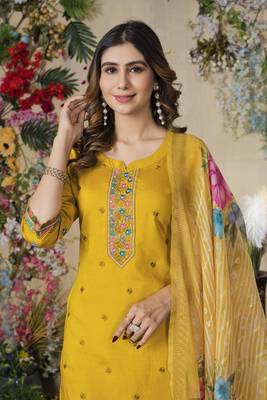 Mustard colour embroidered work roman silk Kurta set for women 4