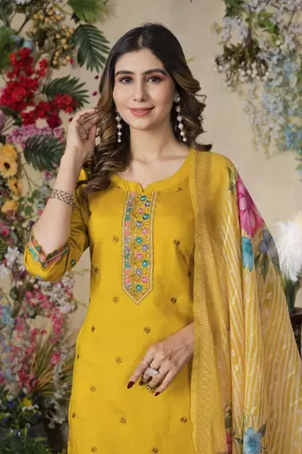 Mustard colour embroidered work roman silk Kurta set for women